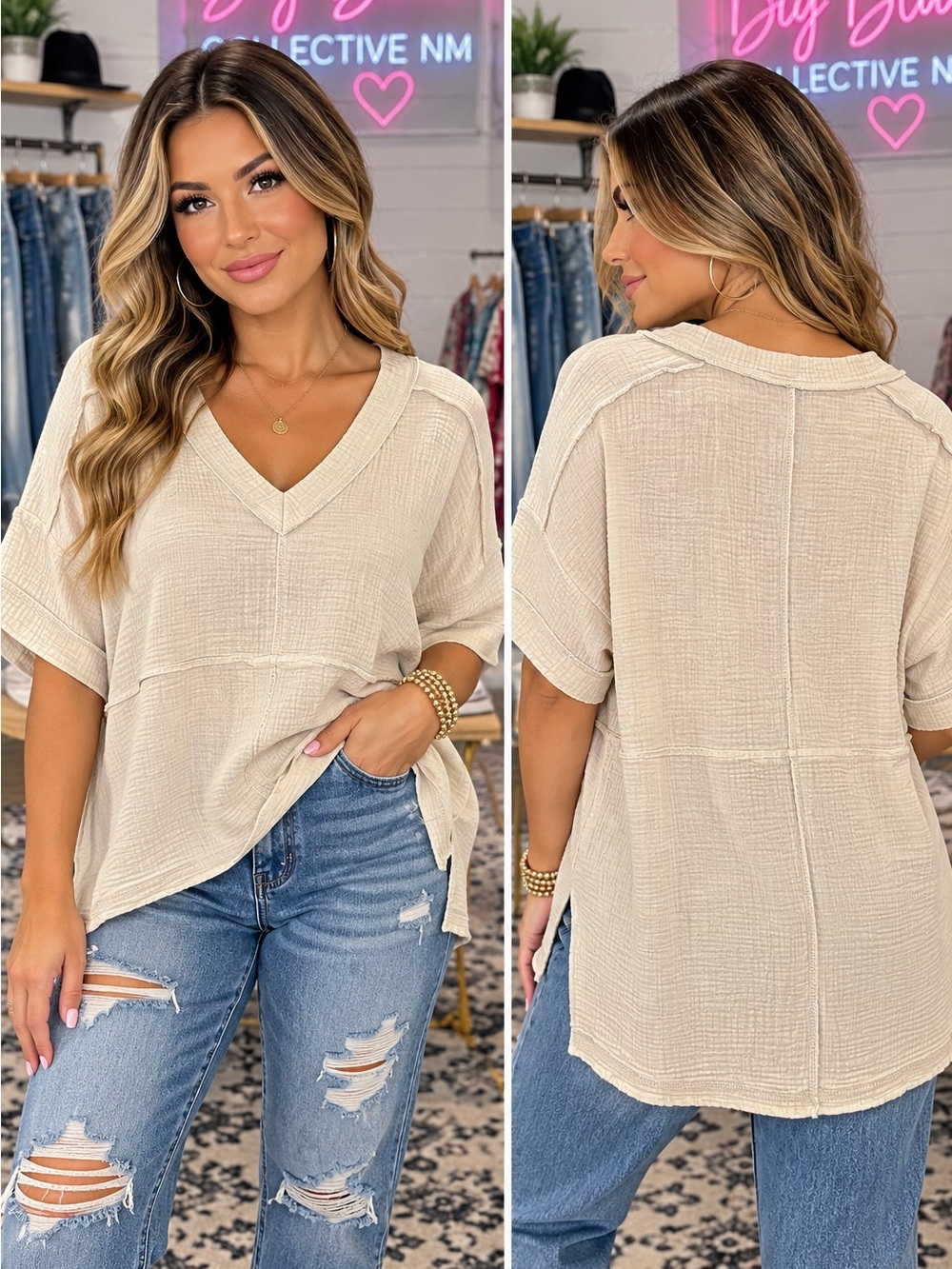 Zenana Outfitters Cream V-Neck Textured Short Sleeve Tunic